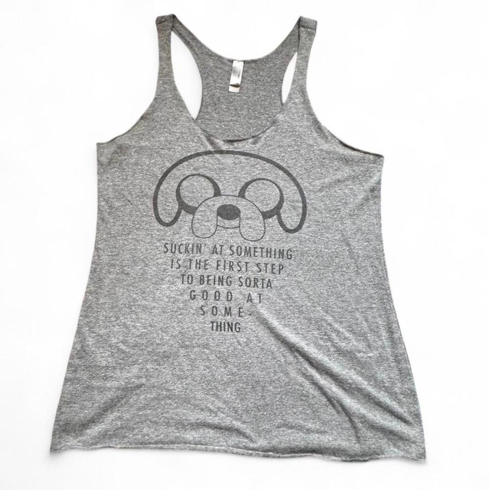 Adventure Time VTG 2010s Jake the Dog Quote Heather Grey Gym Tank Top — LARGE